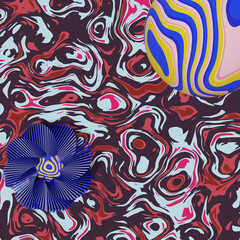Fototapeta na wymiar Abstract digital painting with wave texture in red purple and light blue color. Colorful sphere with wavy lines in blue, pink and yellow. Blue flower with lines.