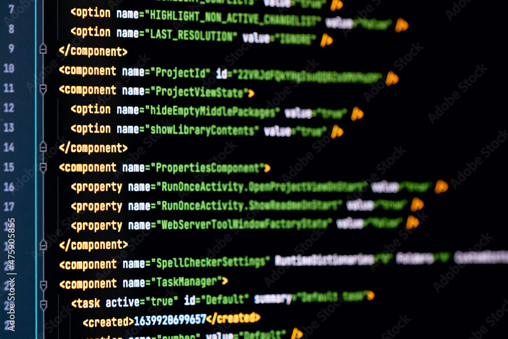 Fototapete Software developer java programming html web code. Abstract computer script code. Programming code screen of software developer. Software Programming Work Time.