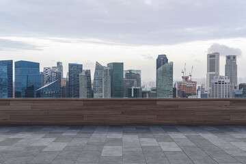 Fototapeta na wymiar Panoramic Singapore skyline view, concrete observatory deck on rooftop, daytime. Asian corporate and residential lifestyle. Financial city downtown, real estate. Product display mockup empty roof