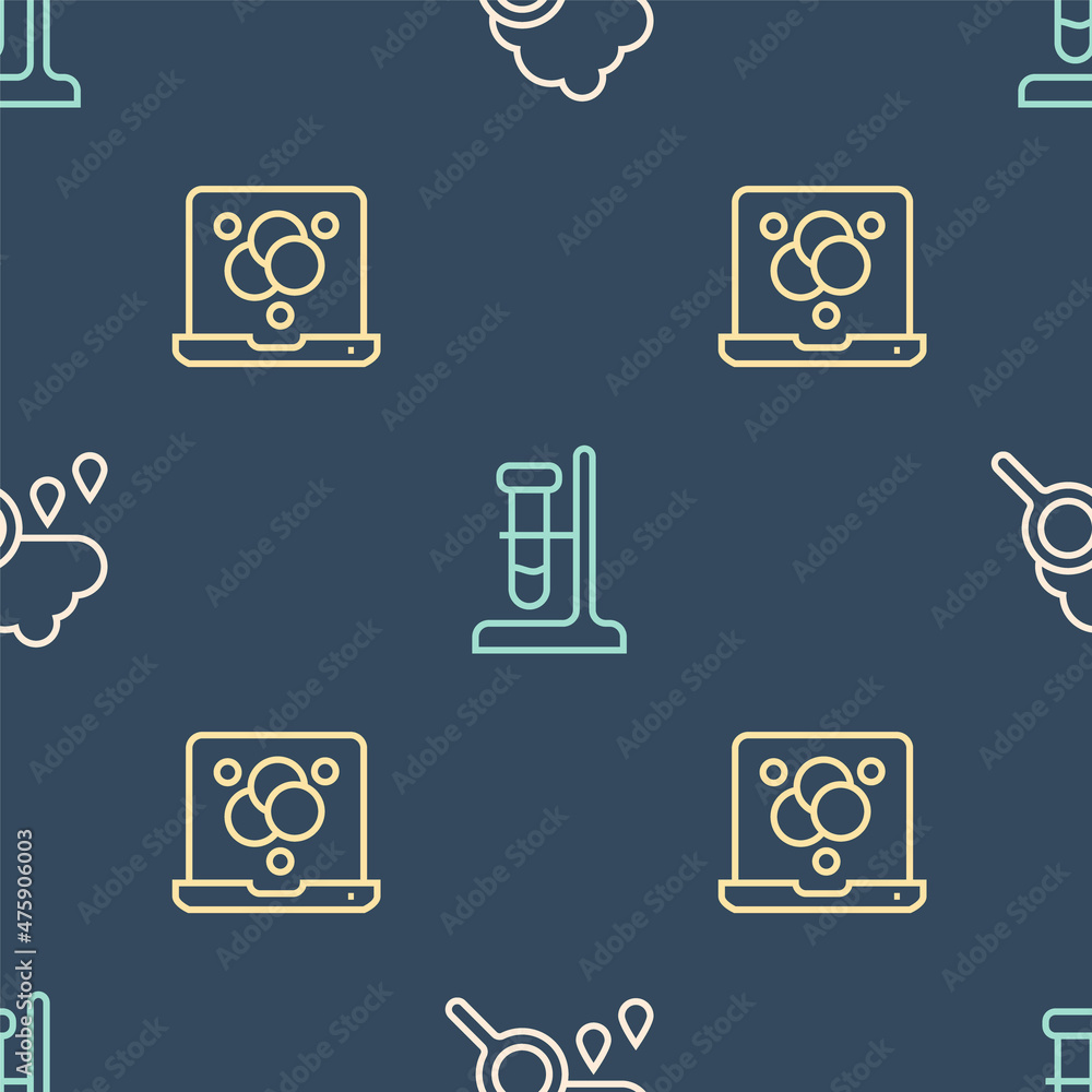Poster set line cloud with rain, chemical formula and test tube flask on stand on seamless pattern. vector