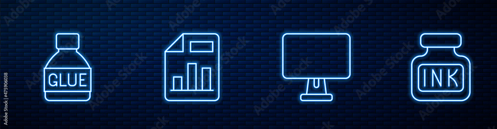 Poster set line computer monitor, glue, document with graph chart and inkwell. glowing neon icon on brick w