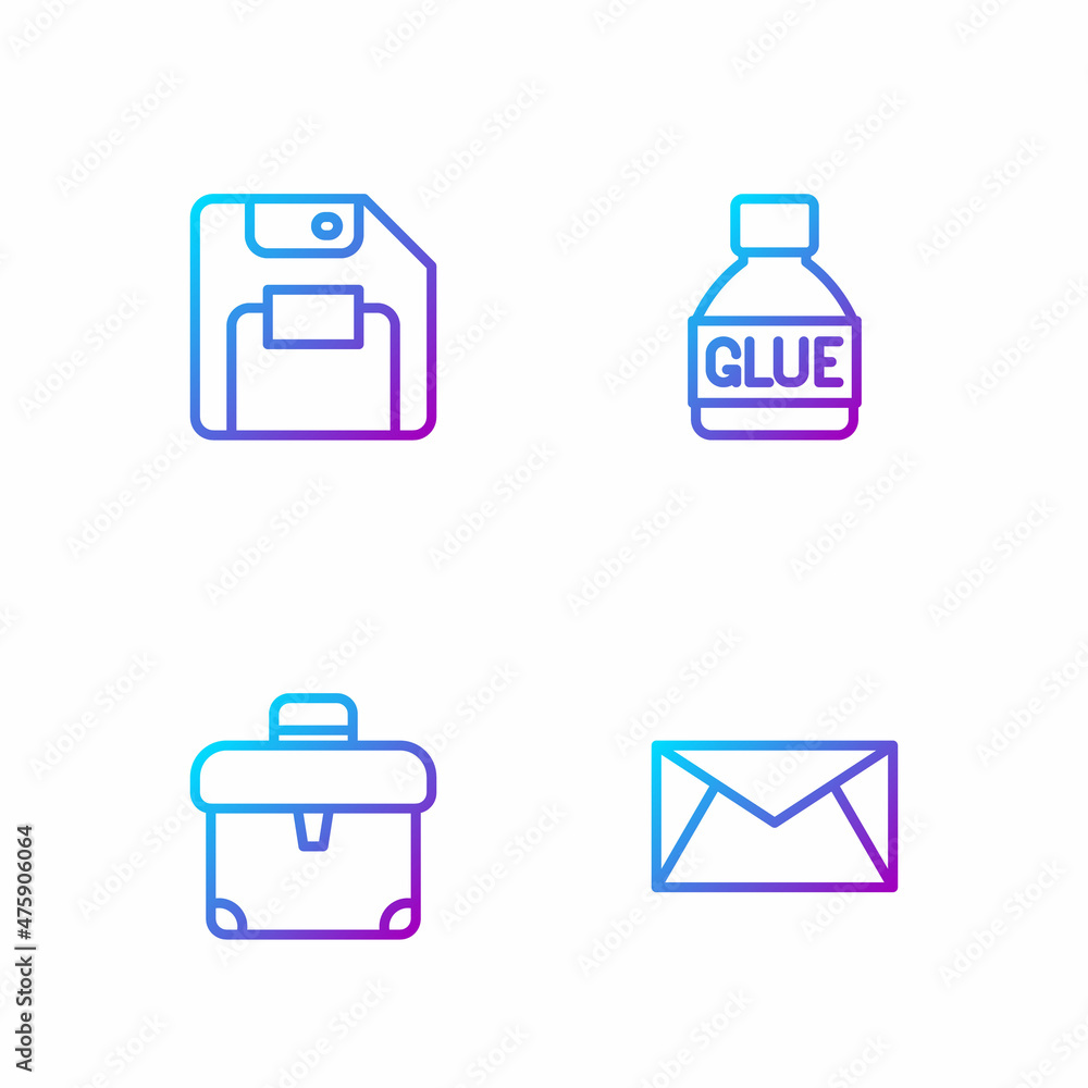 Poster set line mail and e-mail, briefcase, floppy disk and glue. gradient color icons. vector