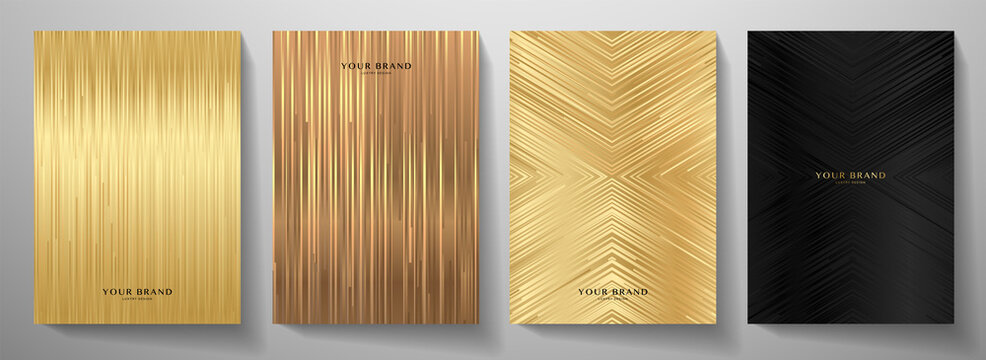 Contemporary cover design set.  Luxury dynamic diagonal line pattern in premium color: black, gold. Stripe vector layout for business background, certificate, brochure, menu template