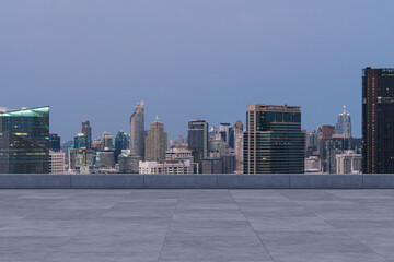 Panoramic Bangkok skyline view, concrete observatory deck on rooftop, sunset. Luxury Asian corporate and residential lifestyle. Financial city downtown, real estate. Product display mockup empty roof