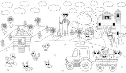 Printable black and white coloring page with farmer boy digging and tractor with animals, barn and henhouse