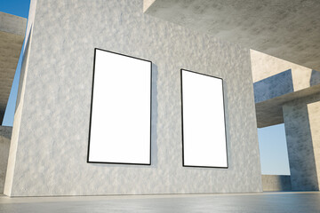 3D render. Mockup of two vertical blank advertising screens. Ad and promotion concept, easy to edit