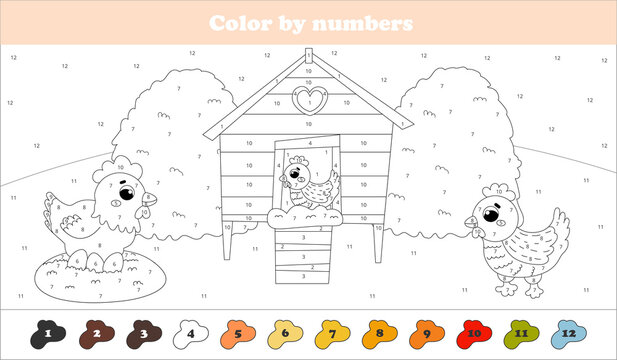 Color by numbers page with cute chicken, hen and eggs, printable worksheet for kids for farming theme, colouring page