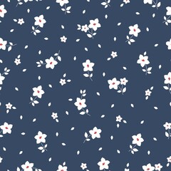 Vintage pattern. white flowers and leaves . dark blue background. Seamless vector template for design and fashion prints.