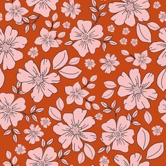 Vintage pattern. Wonderful pink flowers and leaves. black cotur terracotta background. Seamless vector template for design and fashion prints.