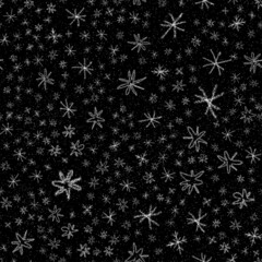 Hand Drawn Snowflakes Christmas Seamless Pattern. Subtle Flying Snow Flakes on chalk snowflakes Background. Awesome chalk handdrawn snow overlay. Astonishing holiday season decoration.