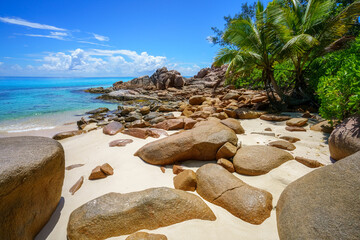 tropical beach anse badamier on curieuse island on the seychelles - obrazy, fototapety, plakaty