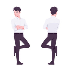 Office boy, modern confident man standing leaning. Handsome male assistant business manager formal clothes. Vector flat style cartoon illustration isolated, white background, front, rear view