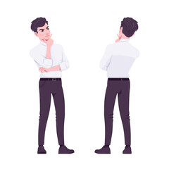 Fototapeta premium Office boy, modern man standing in pensive pose. Handsome male assistant business manager in formal clothes. Vector flat style cartoon illustration isolated on white background, front and rear view