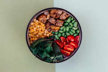 hawaiian cuisine. until the chicken bowl. top view. top view