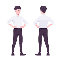 Office boy, modern man standing confident akimbo pose. Handsome male assistant business manager in formal clothes. Vector flat style cartoon illustration isolated on white background, front, rear view
