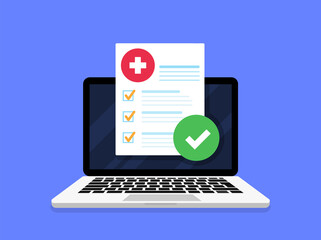 Medical prescription digital document or online test results report. Medical form check list with results data and approved check mark online on laptop screen icon. Concept internet medicine. Vector