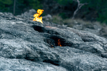 constantly burning fire at the place of a natural gas emission on Mount Chimaera (Yanartas), Turkey