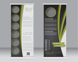 Roll up banner stand template. Abstract background for design,  business, education, advertisement.  Green and black color. Vector  illustration.