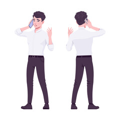 Office boy, modern man standing talking by phone. Handsome male assistant business manager in formal clothes. Vector flat style cartoon illustration isolated on white background, front, rear view