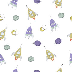 Childish seamless pattern with hand drawn space elements: rocket, ship star. Trendy kids vector background in Scandinavian flat style.

