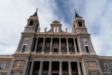 Scenic view of the Almudena Cathedral of Madrid a sunny day of summer with blue sky. Spain
