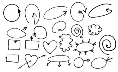 set of arrows of different shapes and styles in the technique of doodles drawn. Vector collection of arrow pointers: bubble, heart, dotted, striped arrow, arrow on two sides