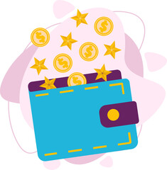 Obraz premium Coins and gold stars fly out of the wallet. Loss of money, cost overruns, bankruptcy. Flat vector illustration.