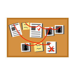 Board with papers, photos and documents and red thread or rope. Decoration for investigation and detective. Deduction and logical thinking. Flat cartoon
