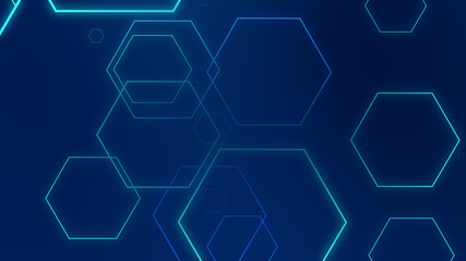 Abstract hexagon geometric blue neon lights technology dark background.