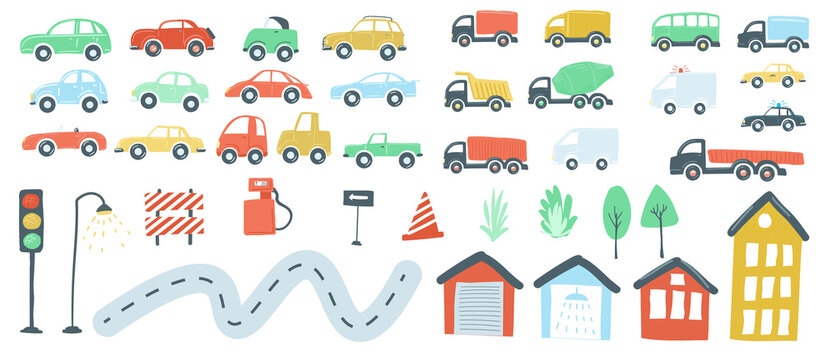 large set of urban elements flat simple cartoon style hand drawing. cars, roads, traffic lights. vector illustration
