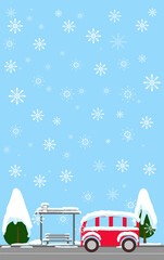 town postcard winter landscape bus near beads stop vertical template for greeting card Merry Christmas in snowflakes