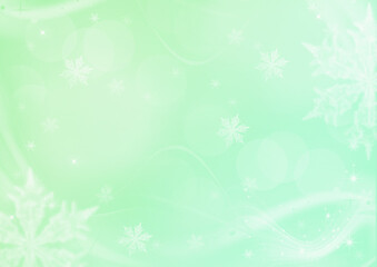Fototapeta na wymiar abstract green gentle pastel winter christmas background with white snowflakes and stars, different sizes and blur