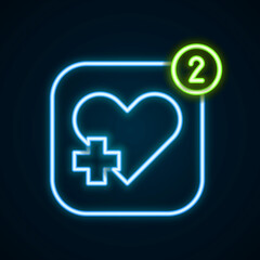 Fototapeta premium Glowing neon line Smartphone with heart rate monitor function icon isolated on black background. Colorful outline concept. Vector