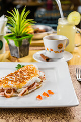 Healthy Food Homemade Classic Food Brazilian Dish Plate Menu Lunch Breakfast Rice Beans Pasta Sausage Shrimp on the Table