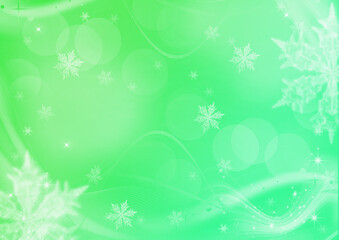 Fototapeta na wymiar abstract green bright winter christmas background with white snowflakes and stars, different sizes and blur
