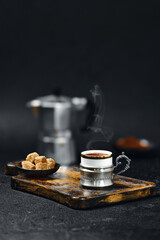 Espresso coffee, broun sugar and geyser coffee maker