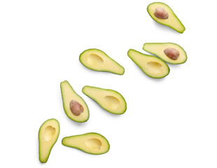 Ripe avocado on a white background, halves of avocado.