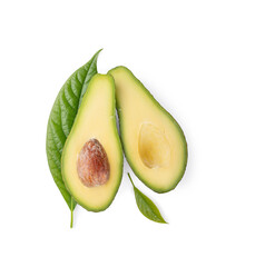 Ripe avocado and avocado slices with leaves on white background