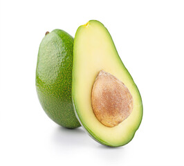 Ripe avocado on a white background, halves of avocado.