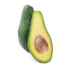 Ripe avocado on a white background, halves of avocado.