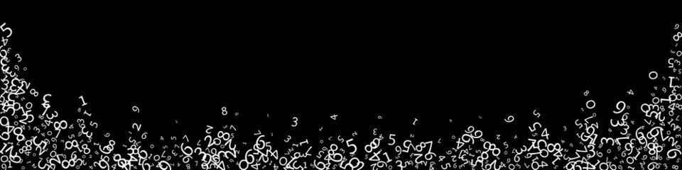 Falling numbers, big data concept. Binary white messy flying digits. Gorgeous futuristic banner on black background. Digital vector illustration with falling numbers.