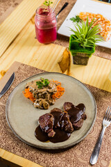 Healthy Food Homemade Classic Food Brazilian Dish Plate Menu Lunch Breakfast Rice Beans Pasta Sausage Shrimp on the Table