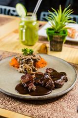 Healthy Food Homemade Classic Food Brazilian Dish Plate Menu Lunch Breakfast Rice Beans Pasta Sausage Shrimp on the Table