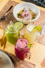 Healthy Food Homemade Classic Food Brazilian Dish Plate Menu Lunch Breakfast Rice Beans Pasta Sausage Shrimp on the Table