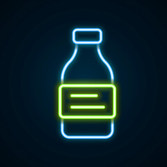 Glowing neon line Bottle of water icon isolated on black background. Soda aqua drink sign. Colorful outline concept. Vector