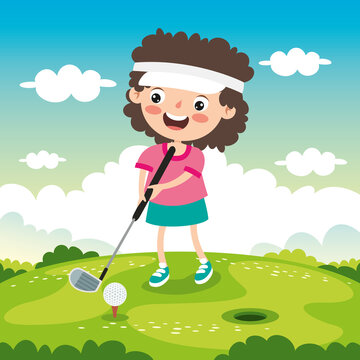Cartoon Illustration Of A Kid Playing Golf