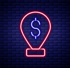 Glowing neon line Cash location pin icon isolated on brick wall background. Pointer and dollar symbol. Money location. Business and investment concept. Colorful outline concept. Vector