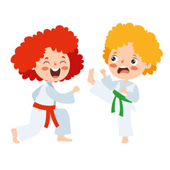 Cartoon Illustration Of A Kid Playing Karate