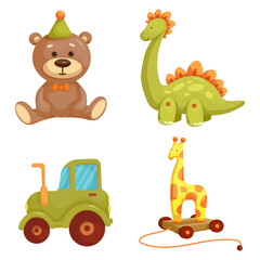 Fototapeta premium Set of cute toys, vehicles and figurines. Cartoon vector graphics.