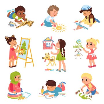 Kids draw. Cute happy children with pencils and paints, boys and girls with crayons and markers, young artists, little painters characters, drawing lesson in art school vector set